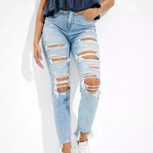 AE Stretch Ripped Mom Jean Daylight Destroy Size 12 Regular